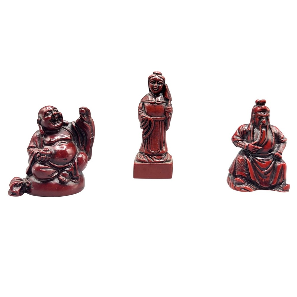 Vintage Set Of 3 Miniature Red Resin Figurines Laughing Buddha Guanyin Guan Yu